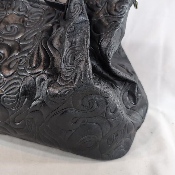 Isadora Italy Tooled Leather Purse Black Large Shoulder Bag Tote Swirls MSRP$425 - Picture 3 of 16